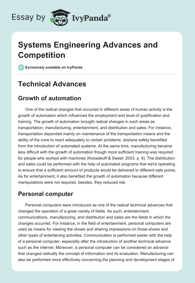 Systems Engineering Advances and Competition. Page 1