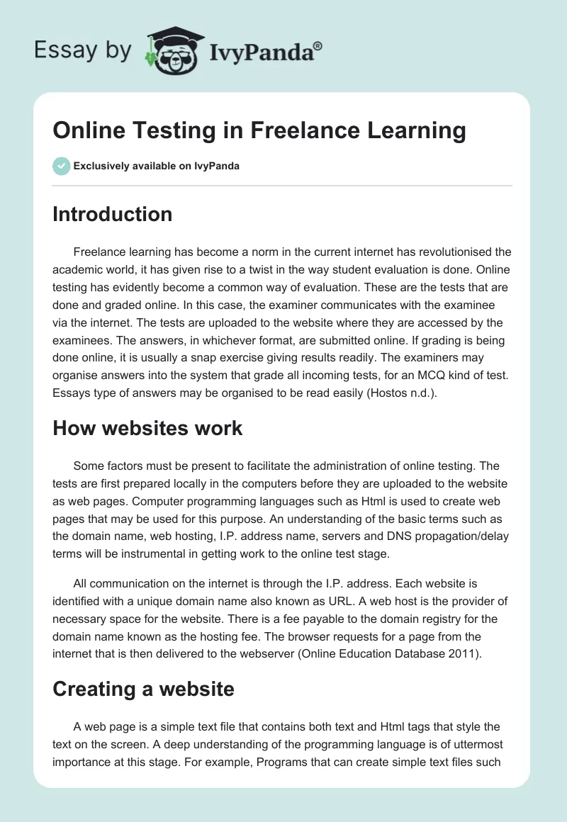Online Testing in Freelance Learning. Page 1