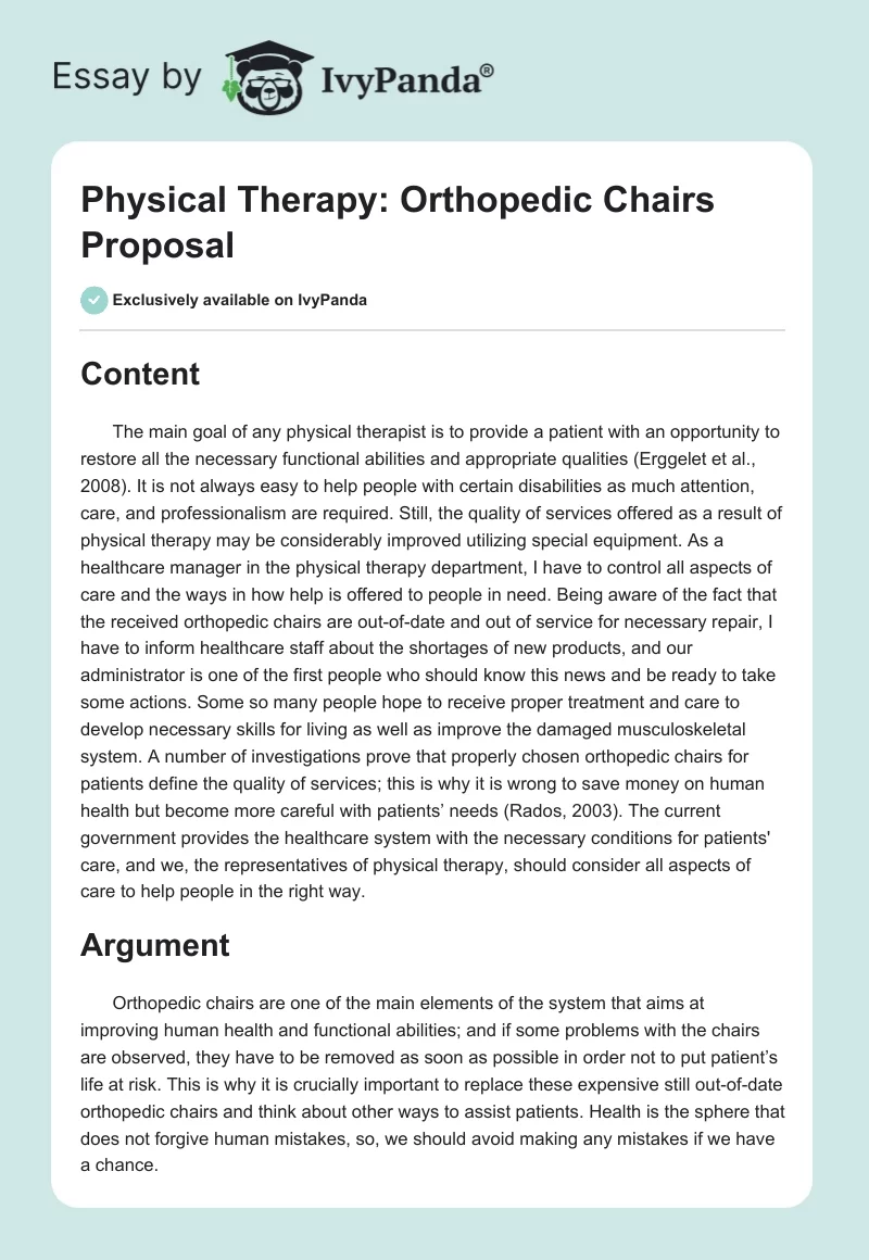 Physical Therapy: Orthopedic Chairs Proposal. Page 1
