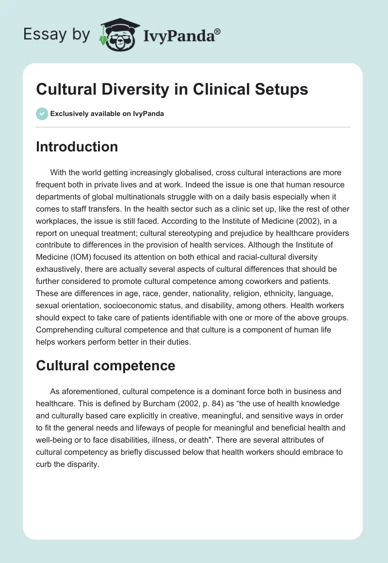 Cultural Diversity in Clinical Setups. Page 1