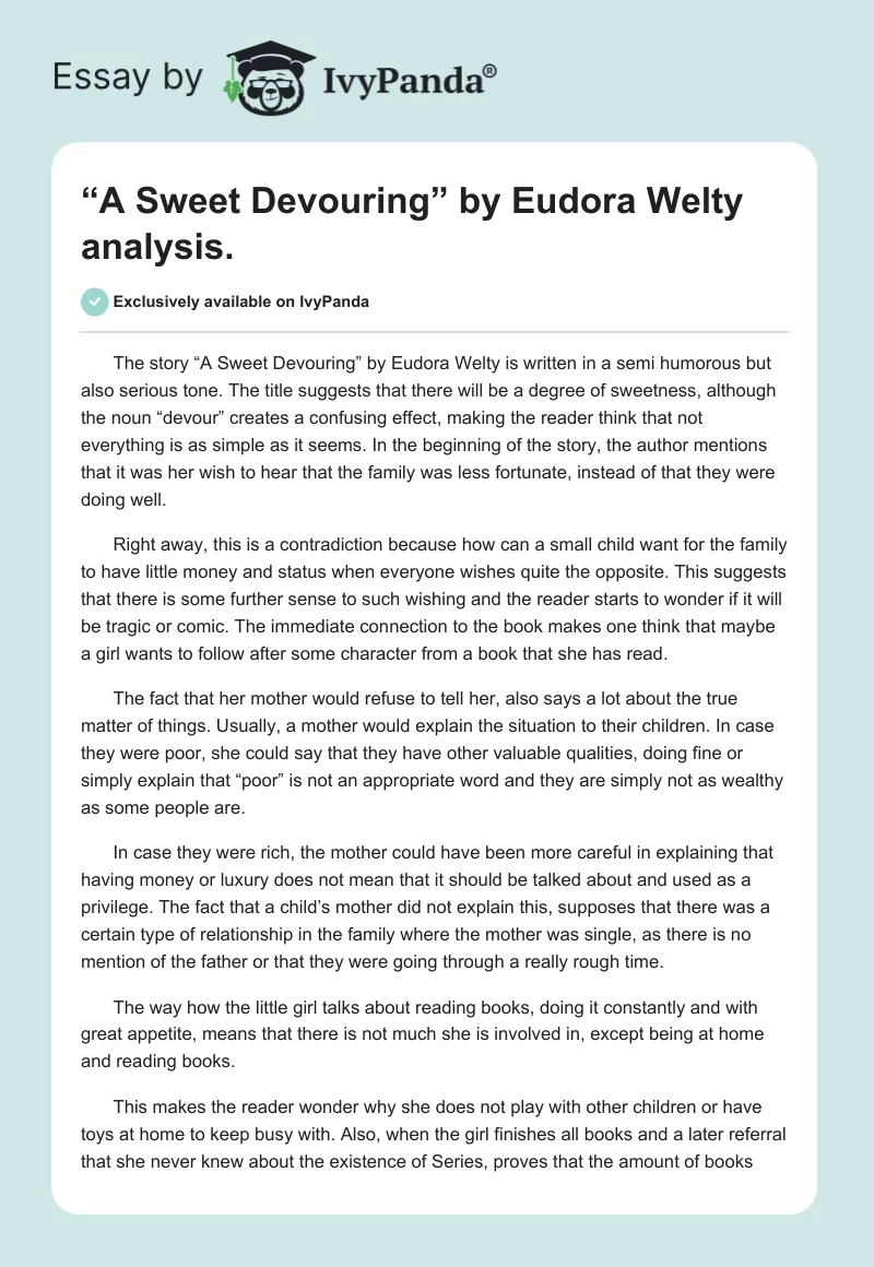 “A Sweet Devouring” by Eudora Welty analysis.. Page 1