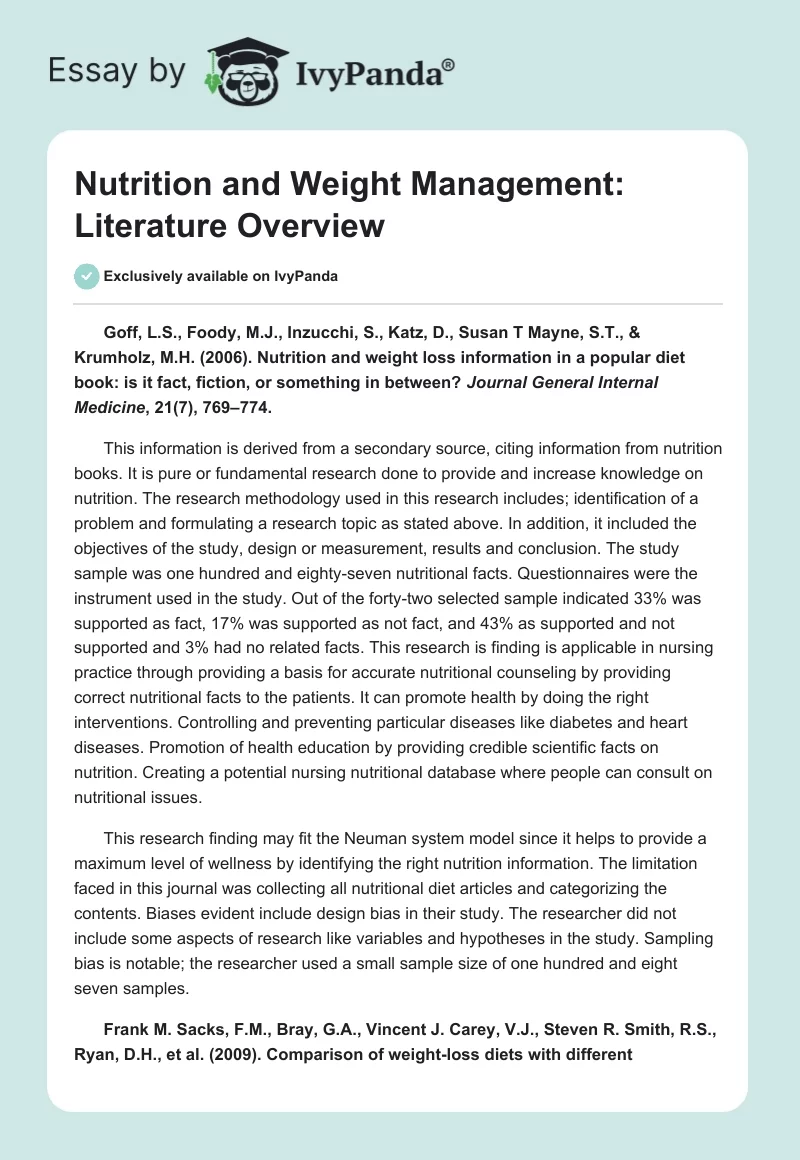 Nutrition and Weight Management: Literature Overview. Page 1