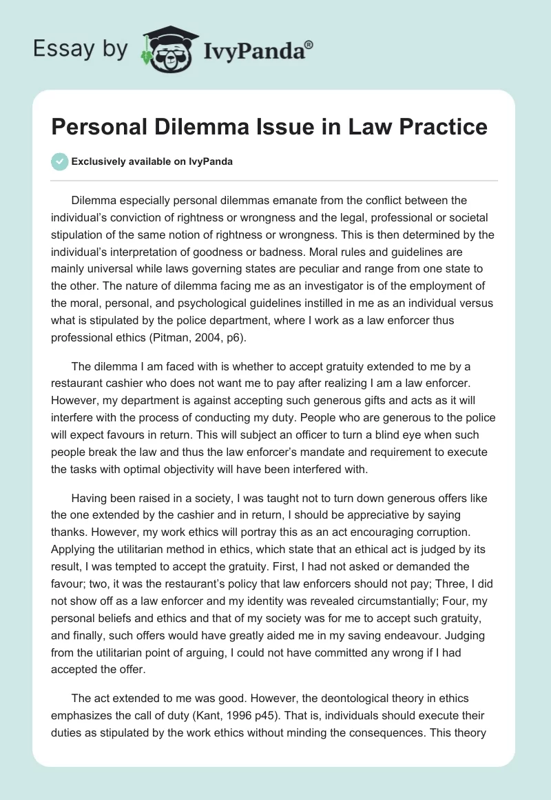Personal Dilemma Issue in Law Practice. Page 1