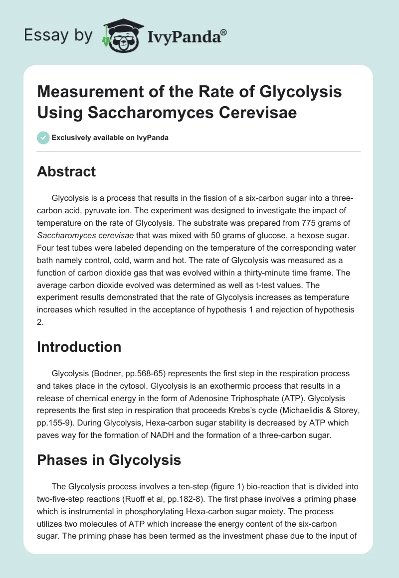 Measurement of the Rate of Glycolysis Using Saccharomyces Cerevisae. Page 1