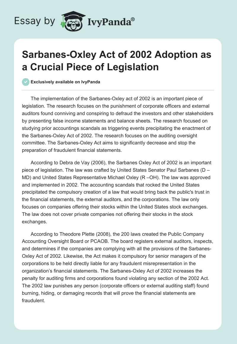 Sarbanes-Oxley Act of 2002 Adoption as a Crucial Piece of Legislation. Page 1