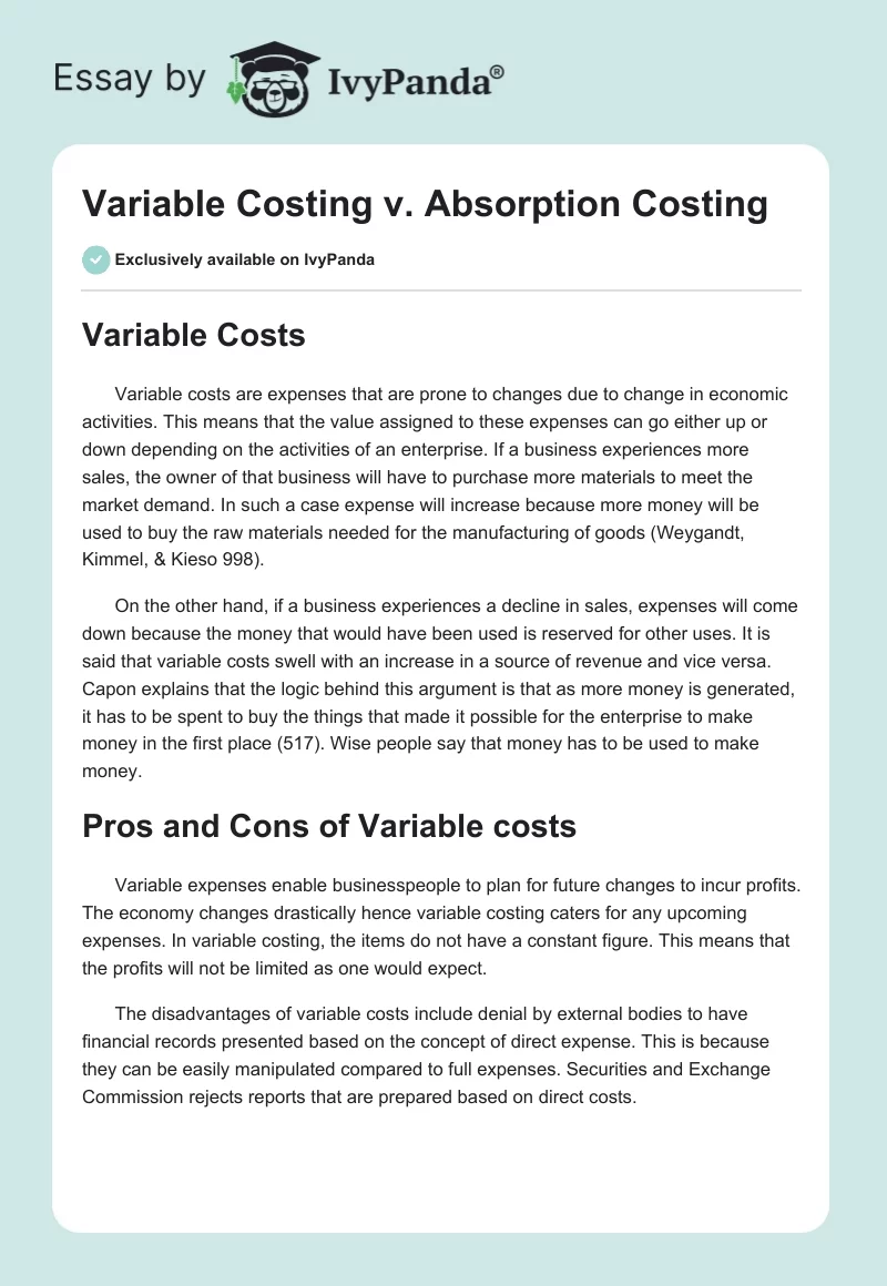 Variable Costing v. Absorption Costing. Page 1