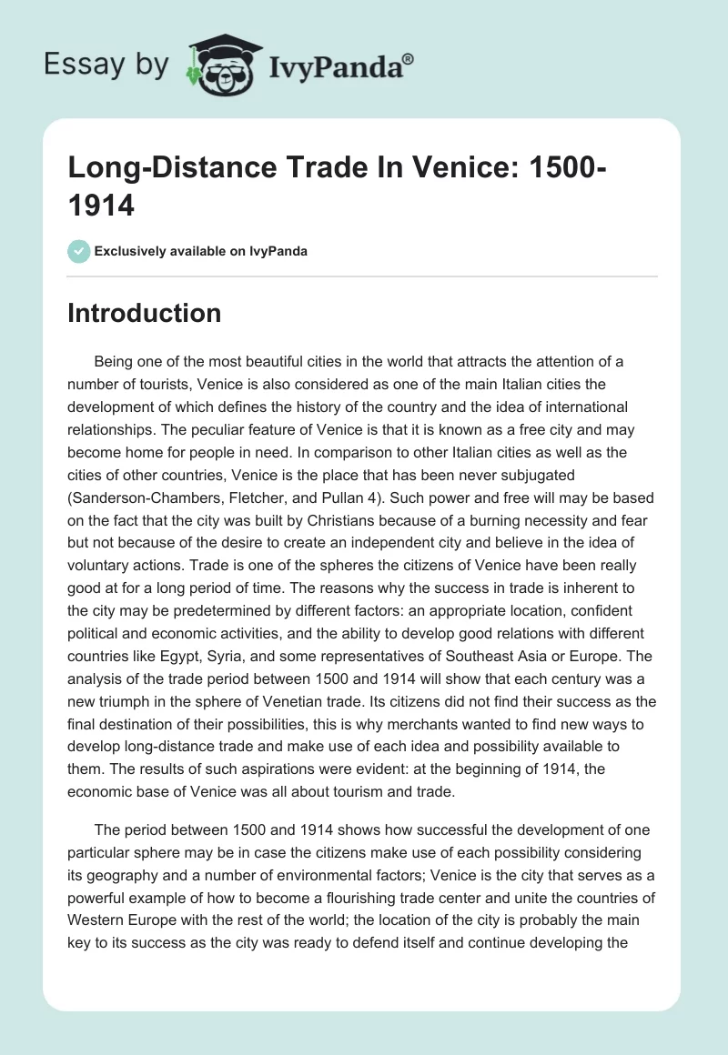Long-Distance Trade In Venice: 1500-1914. Page 1