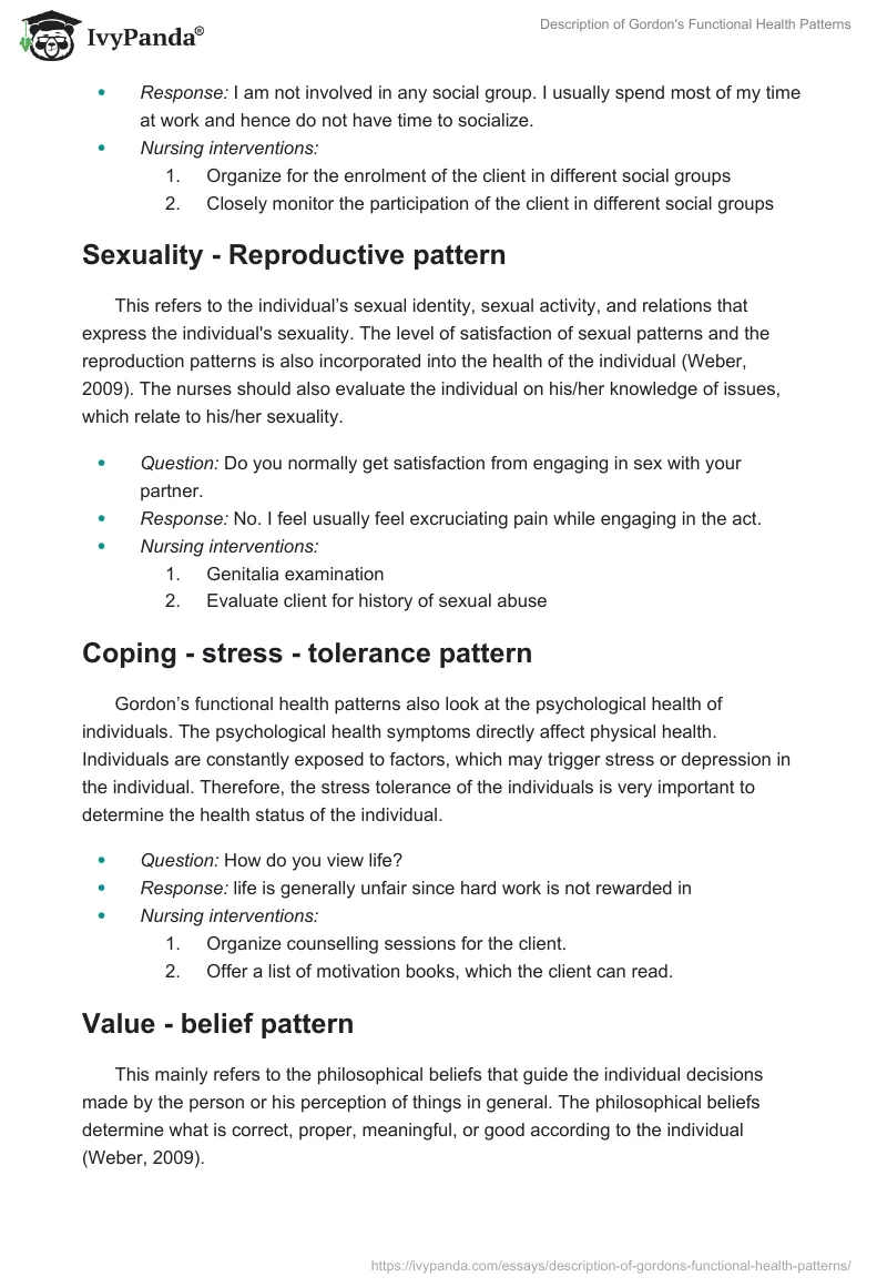 Description of Gordon's Functional Health Patterns. Page 5
