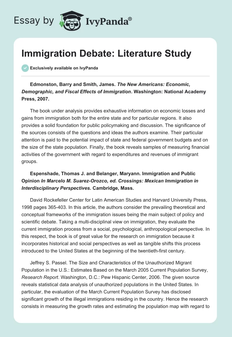 Immigration Debate: Literature Study. Page 1
