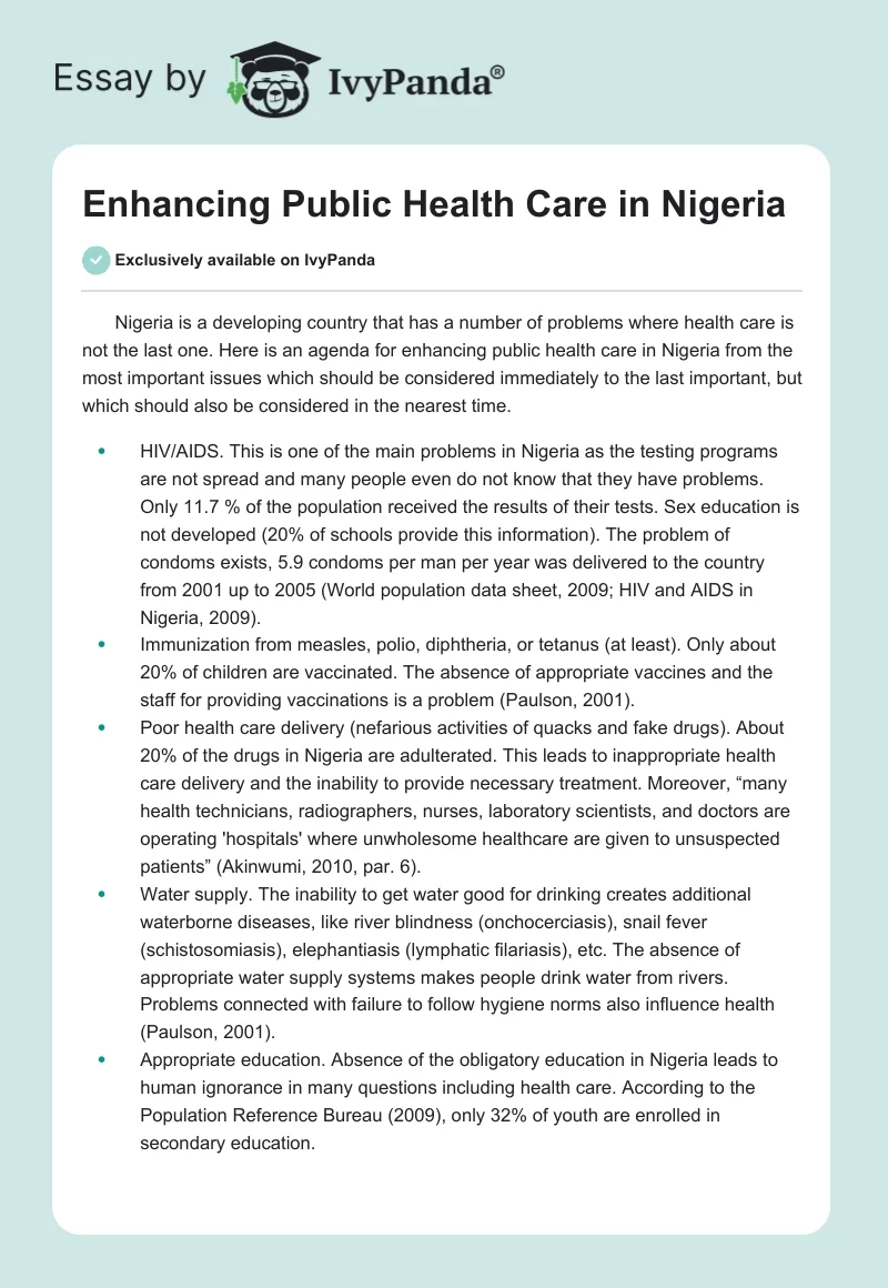 Enhancing Public Health Care in Nigeria. Page 1