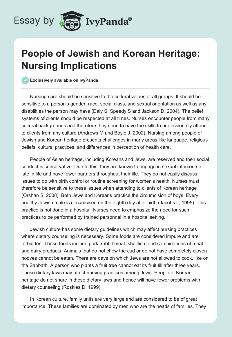 People of Jewish and Korean Heritage: Nursing Implications. Page 1
