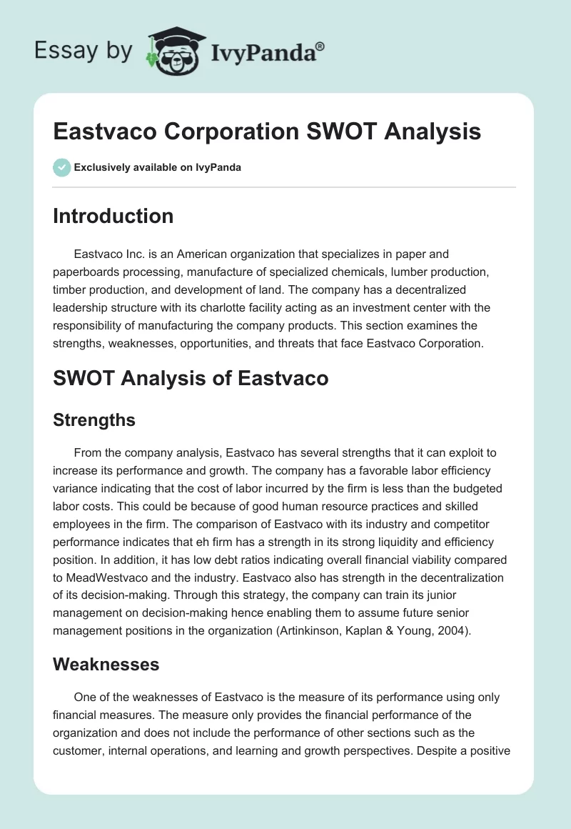 Eastvaco Corporation SWOT Analysis. Page 1