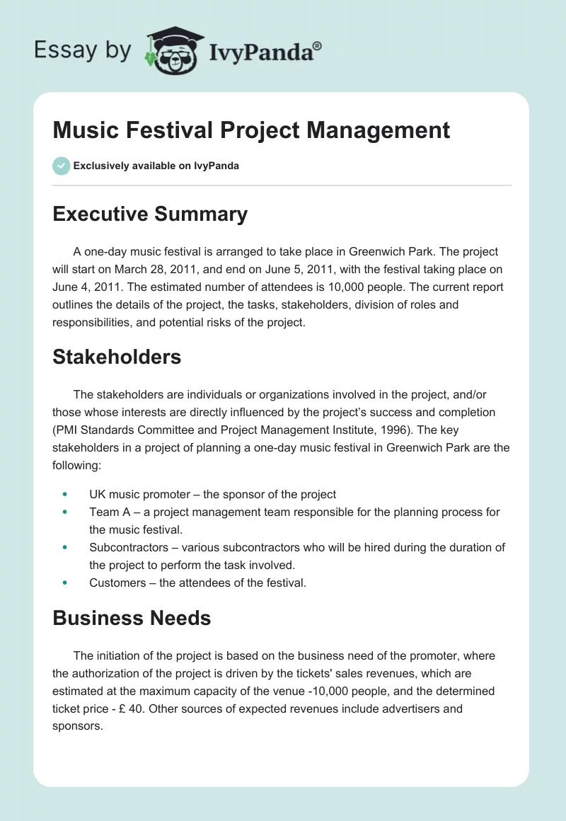 Music Festival Project Management. Page 1