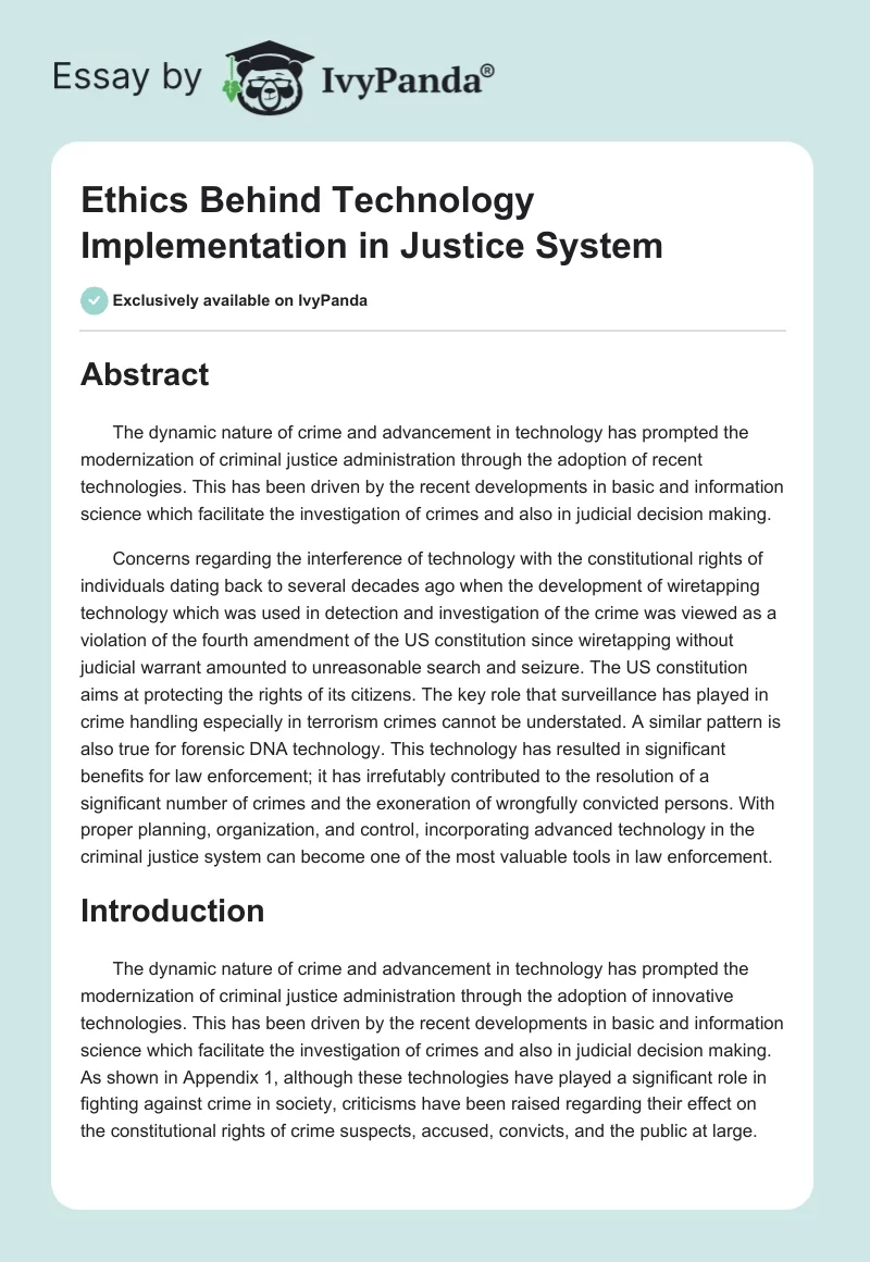 Ethics Behind Technology Implementation in Justice System. Page 1
