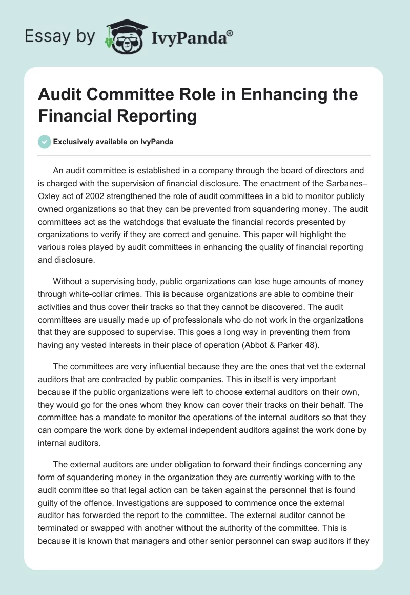 Audit Committee Role in Enhancing the Financial Reporting. Page 1