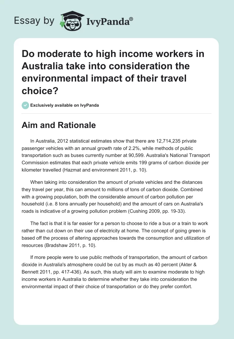 Do moderate to high income workers in Australia take into consideration the environmental impact of their travel choice?. Page 1