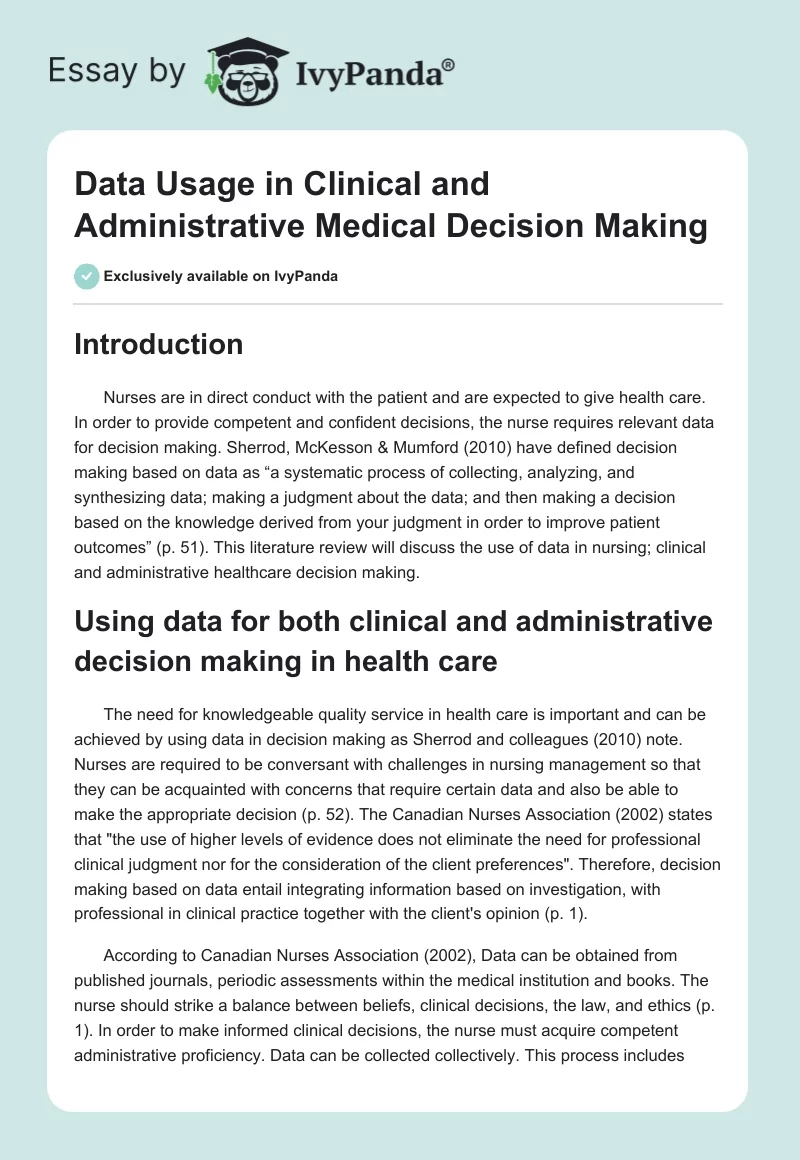 Data Usage in Clinical and Administrative Medical Decision Making. Page 1