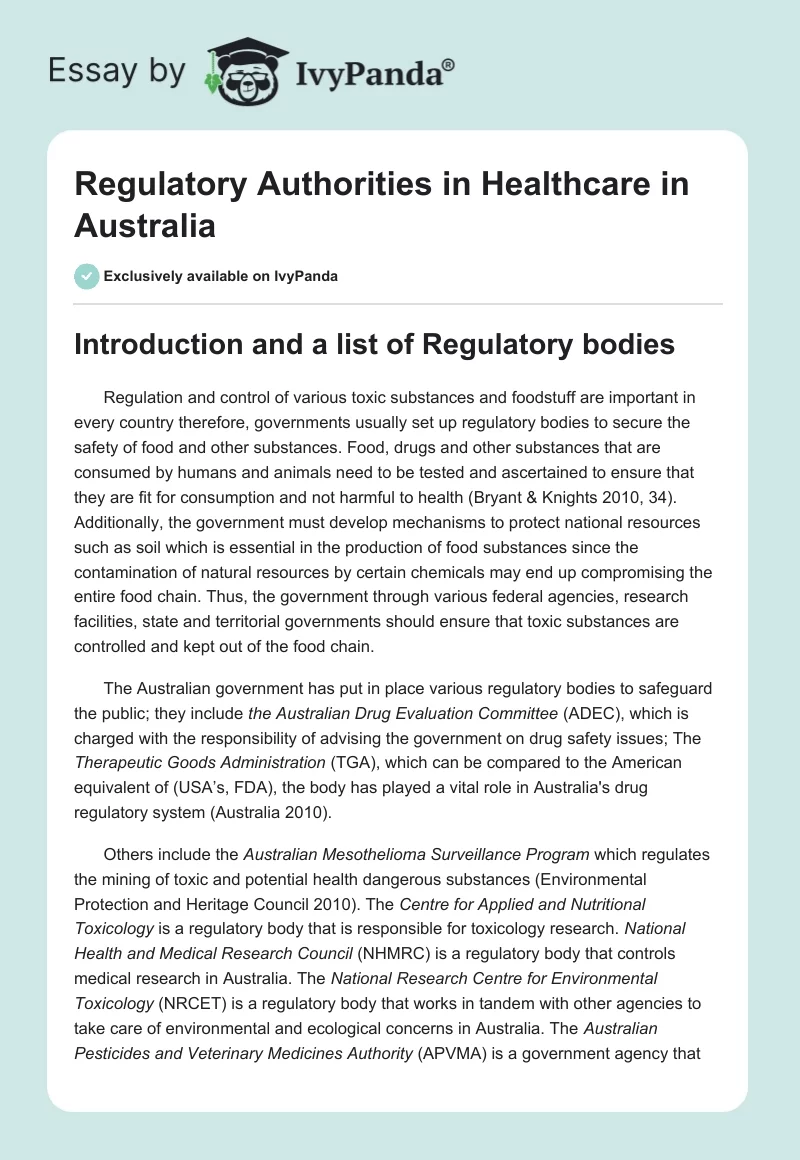 Regulatory Authorities in Healthcare in Australia. Page 1