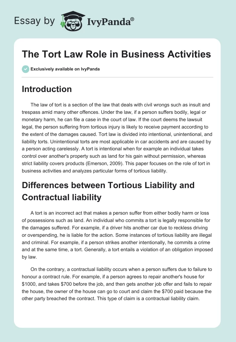 The Tort Law Role in Business Activities. Page 1