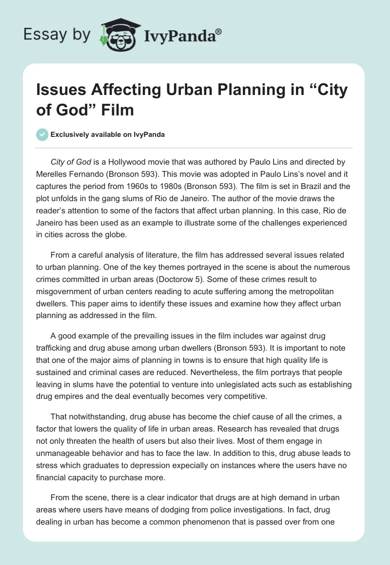 Issues Affecting Urban Planning in “City of God” Film. Page 1