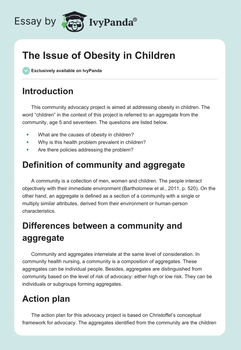 The Issue of Obesity in Children. Page 1