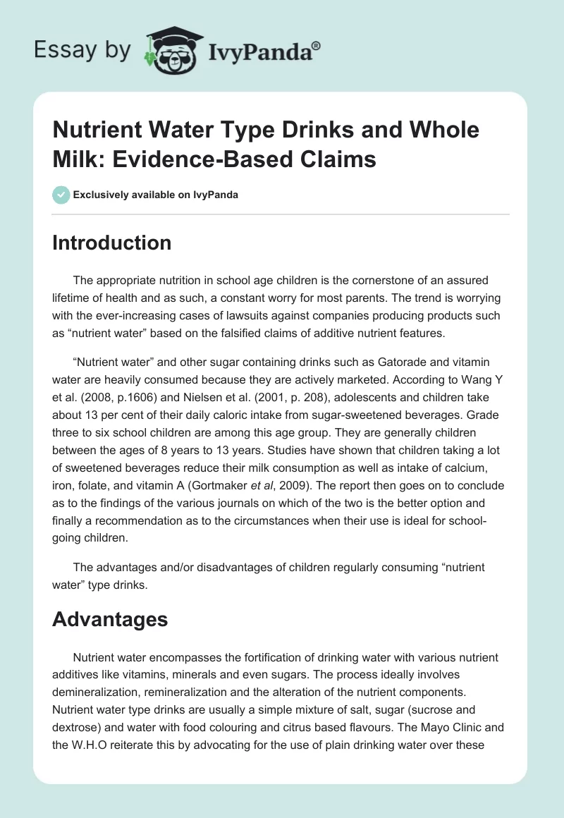 "Nutrient Water" Type Drinks and Whole Milk: Evidence-Based Claims. Page 1