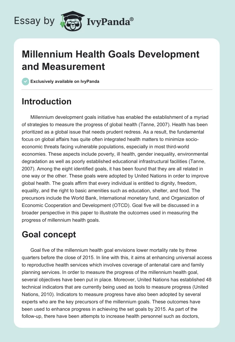 Millennium Health Goals Development and Measurement. Page 1