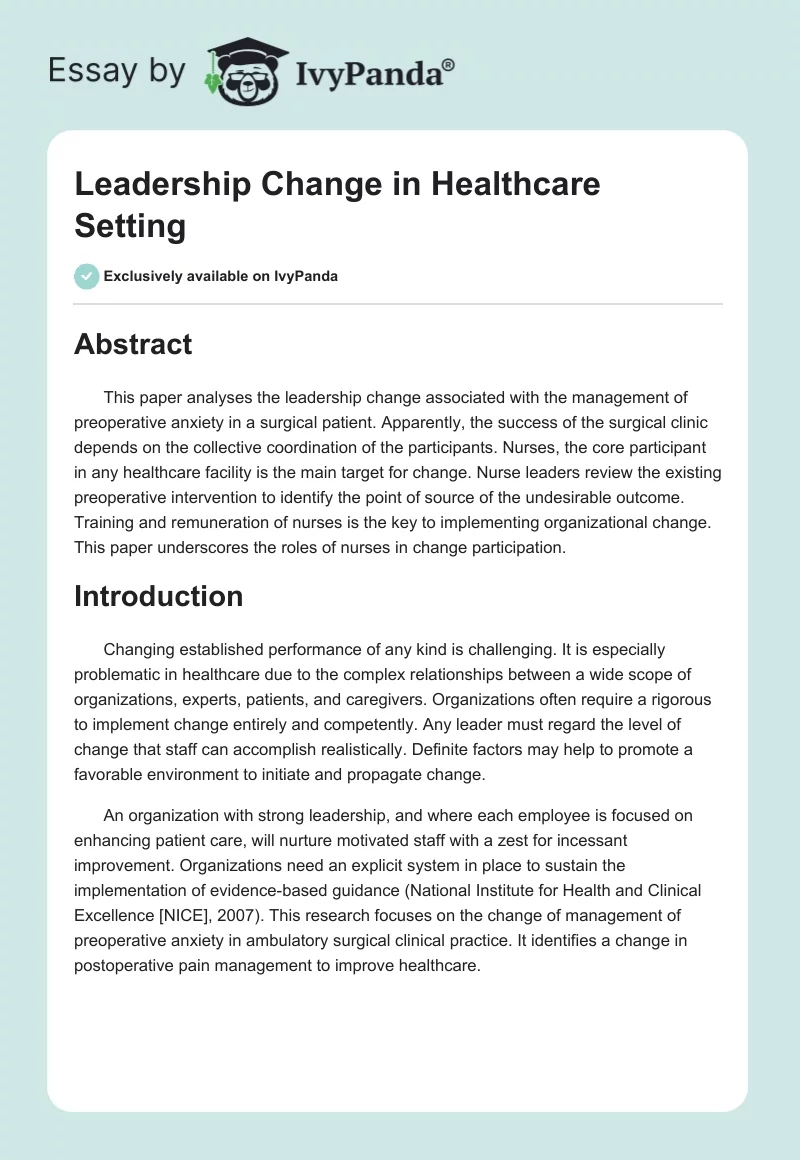 Leadership Change in Healthcare Setting. Page 1