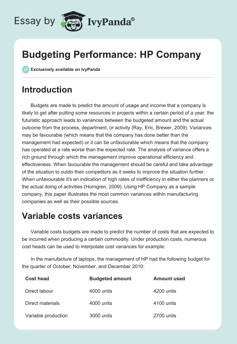 Budgeting Performance: HP Company. Page 1