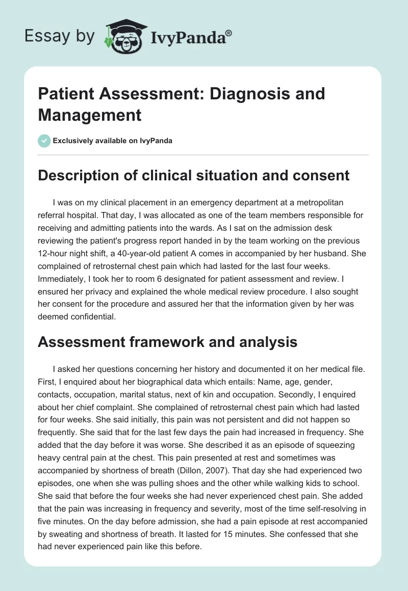 Patient Assessment: Diagnosis and Management. Page 1
