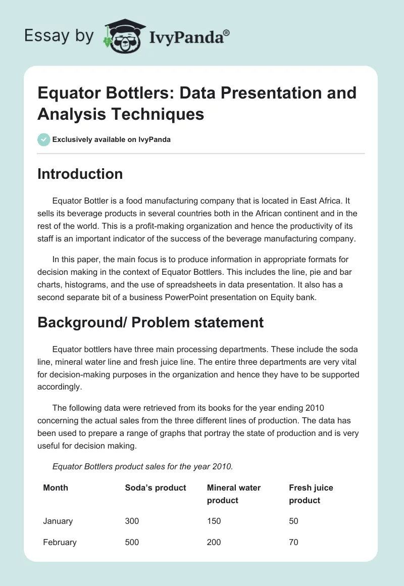 Equator Bottlers: Data Presentation and Analysis Techniques. Page 1
