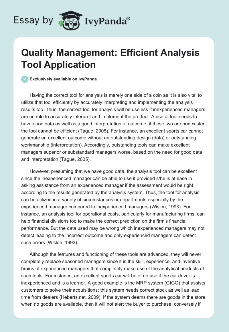 Quality Management: Efficient Analysis Tool Application. Page 1