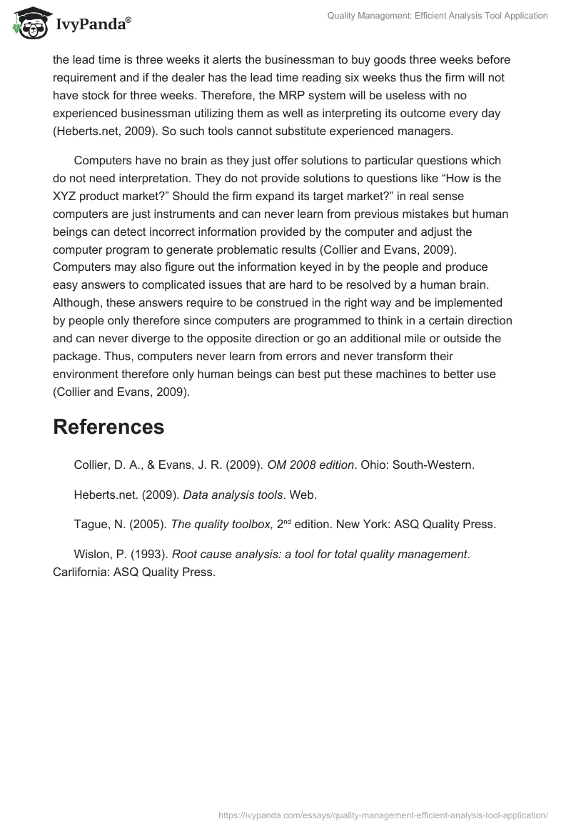 Quality Management: Efficient Analysis Tool Application. Page 2