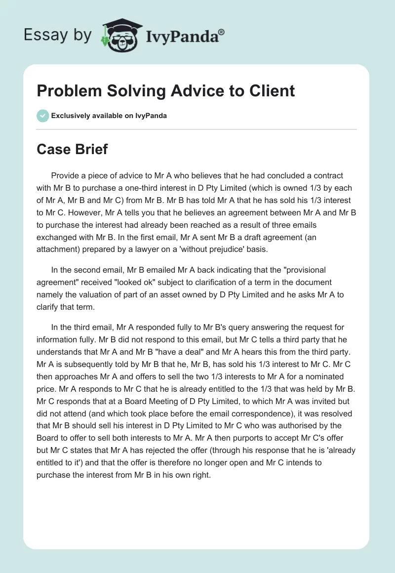 Problem Solving Advice to Client. Page 1