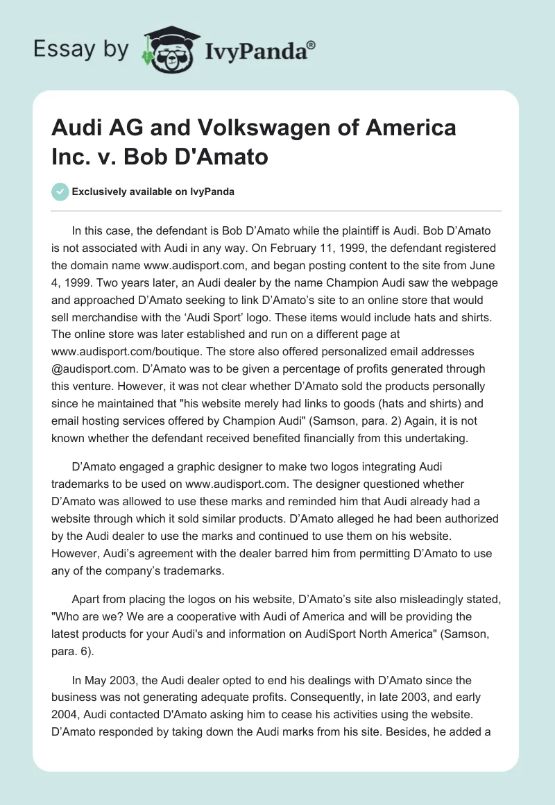 Audi AG and Volkswagen of America Inc. vs. Bob D'Amato. Page 1