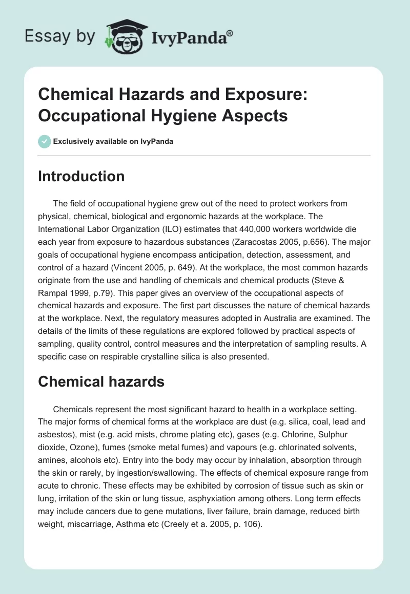 Chemical Hazards and Exposure: Occupational Hygiene Aspects. Page 1
