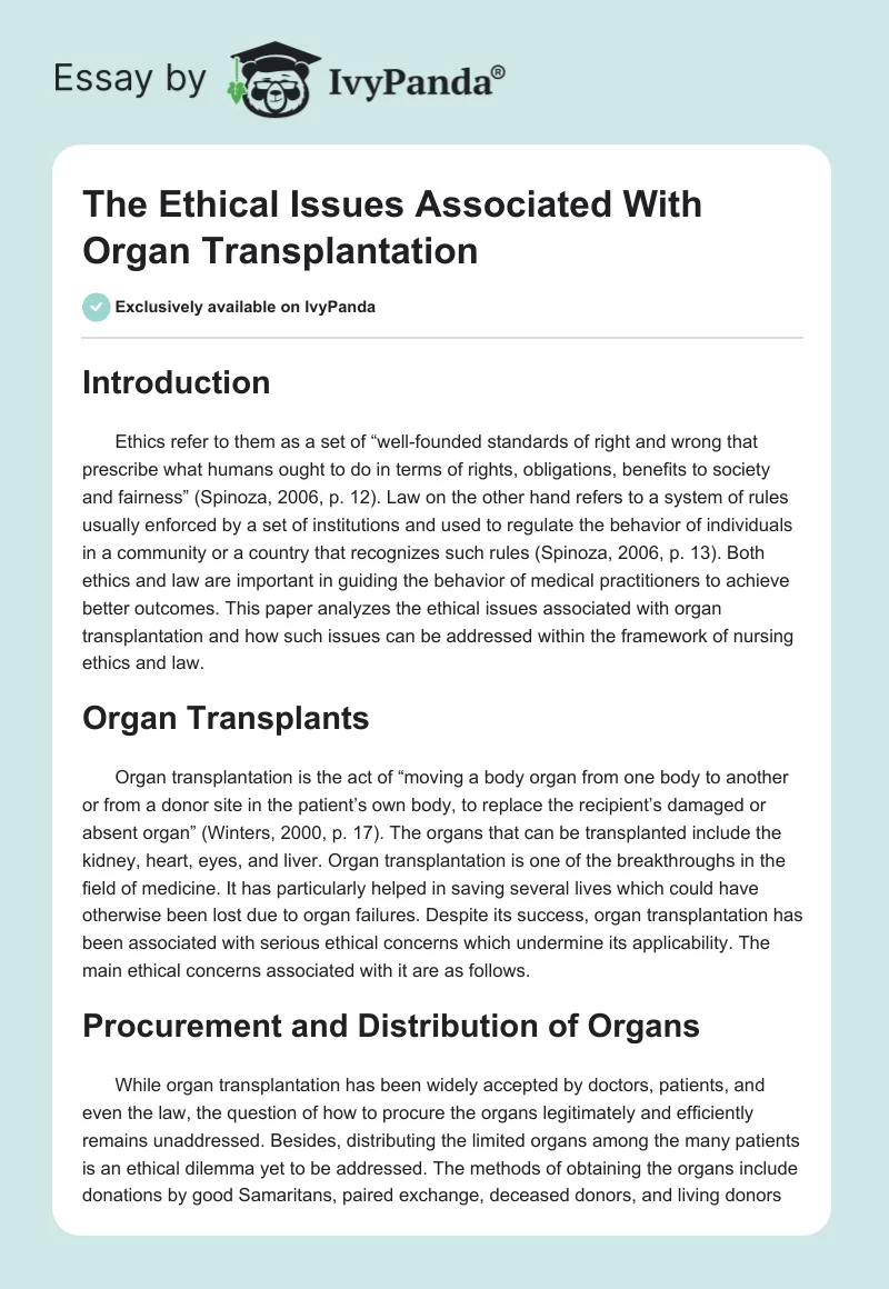 The Ethical Issues Associated With Organ Transplantation. Page 1
