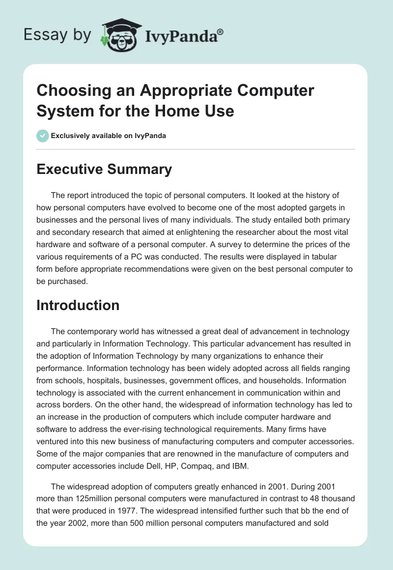 Choosing an Appropriate Computer System for the Home Use. Page 1