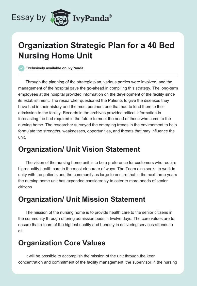 Organization Strategic Plan for a 40 Bed Nursing Home Unit. Page 1