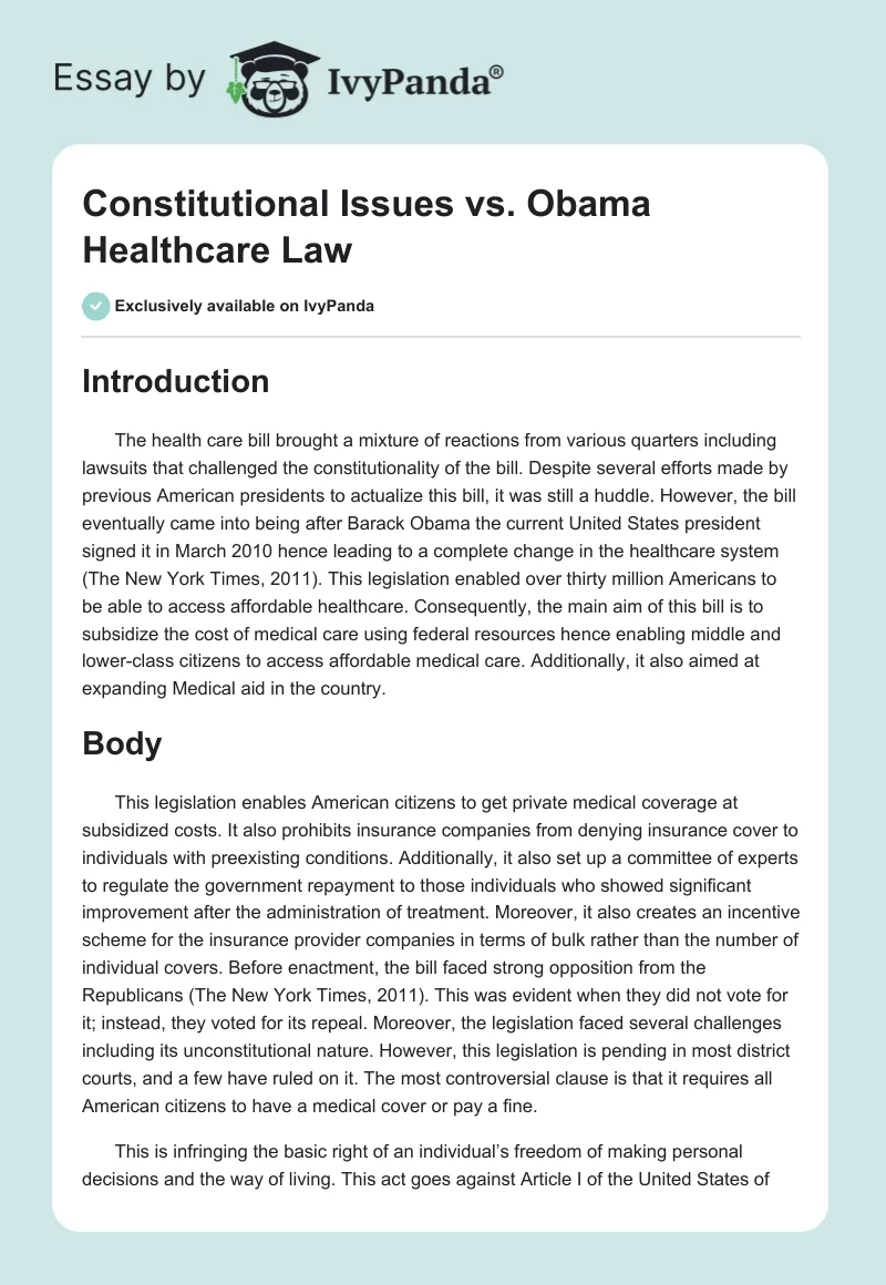 Constitutional Issues vs. Obama Healthcare Law. Page 1