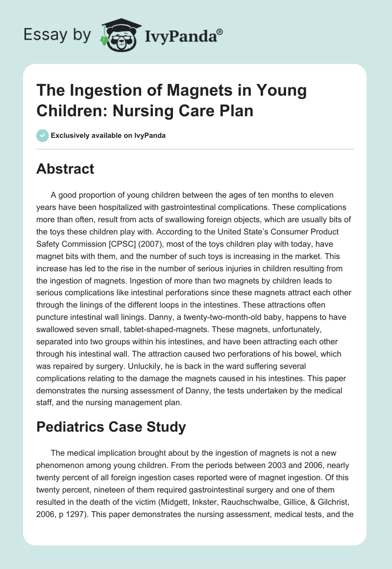 The Ingestion of Magnets in Young Children: Nursing Care Plan. Page 1
