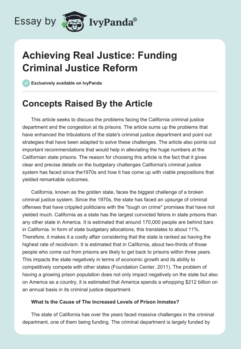 Achieving Real Justice: Funding Criminal Justice Reform. Page 1