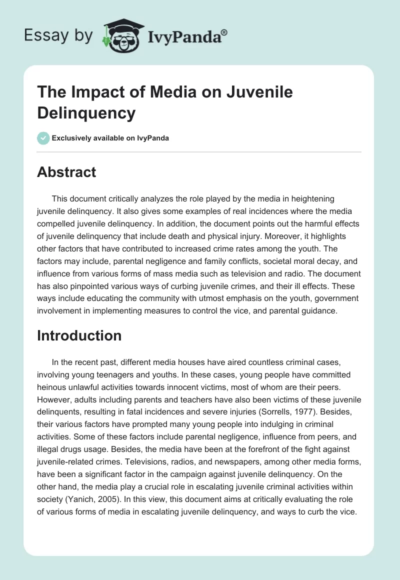 The Impact of Media on Juvenile Delinquency. Page 1