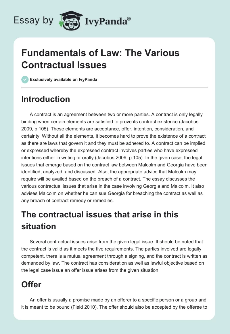 Fundamentals of Law: The Various Contractual Issues. Page 1