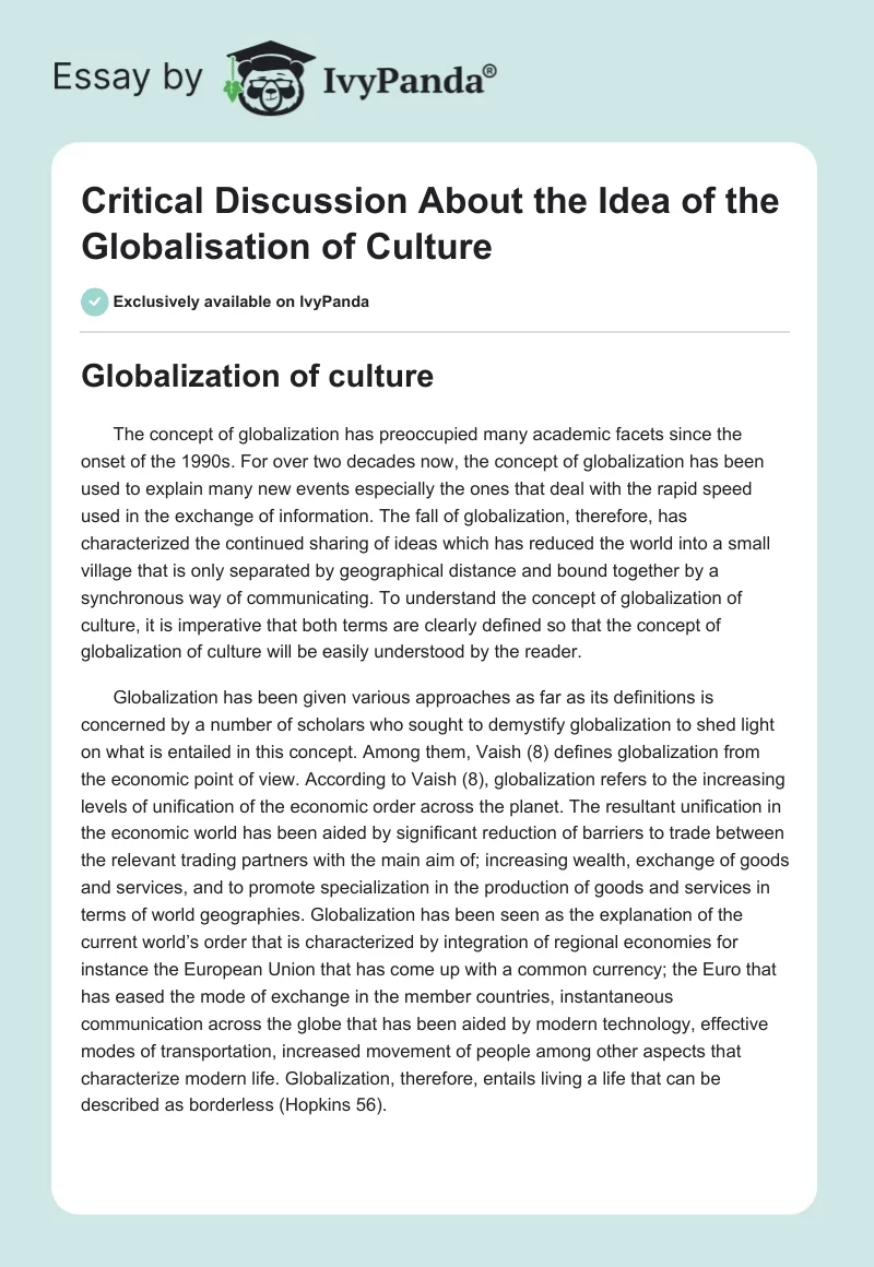 Critical Discussion About the Idea of the Globalisation of Culture. Page 1