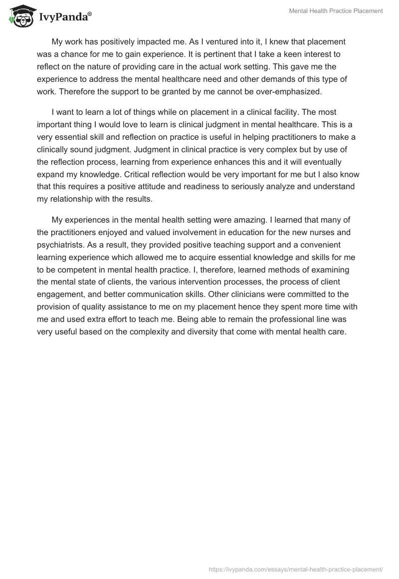 Mental Health Practice Placement. Page 2