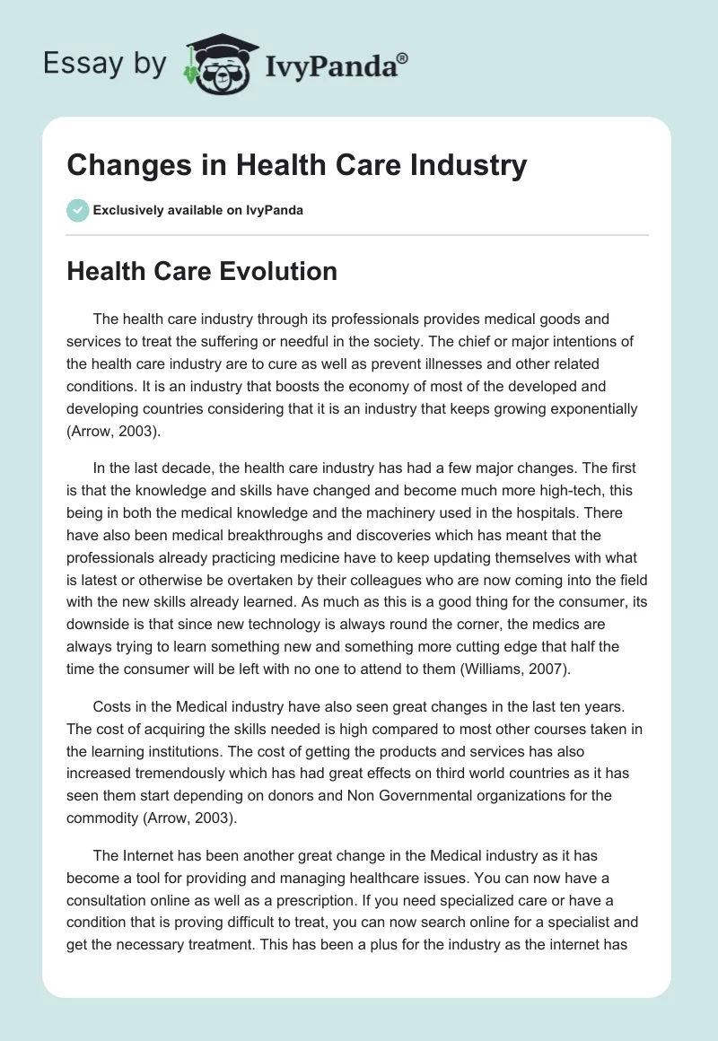 Changes in Health Care Industry. Page 1