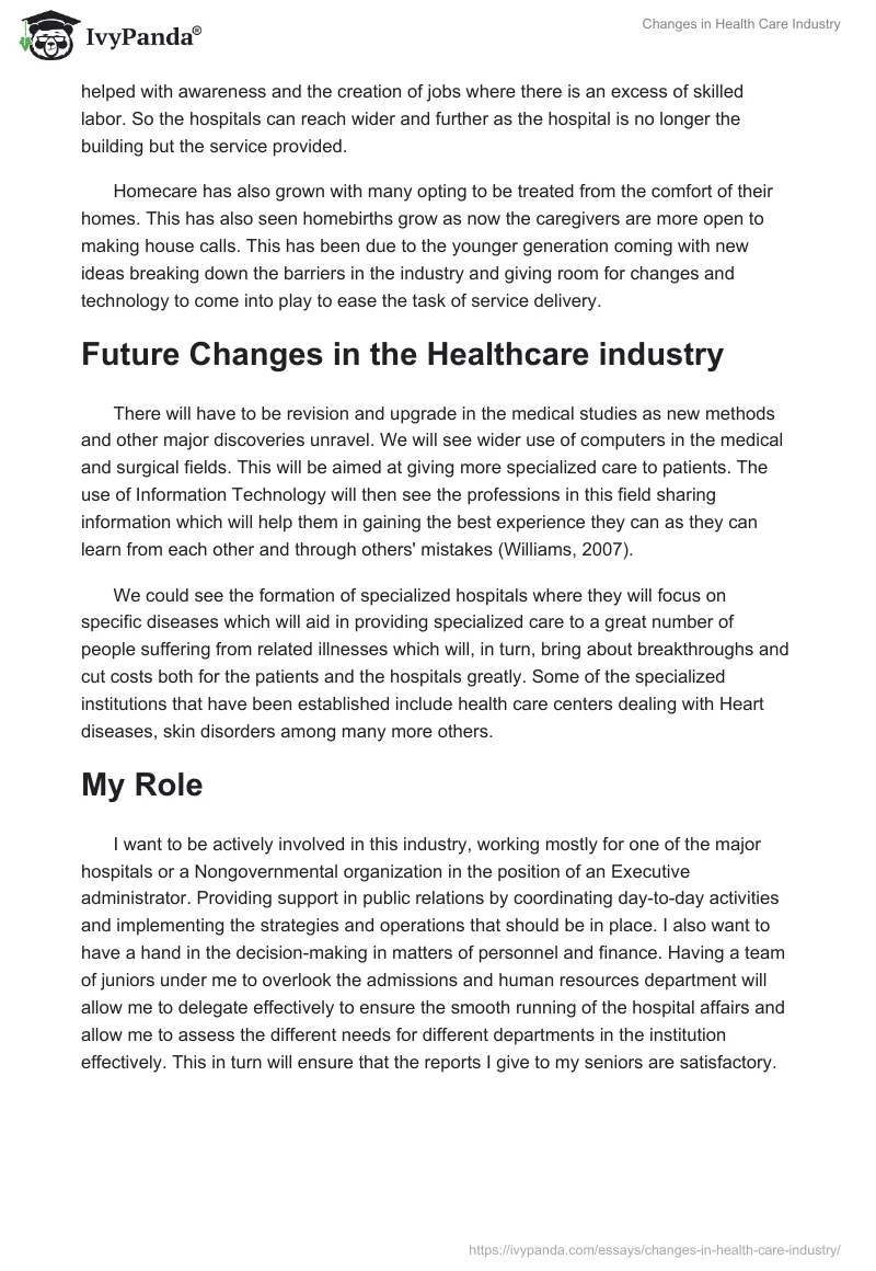 Changes in Health Care Industry. Page 2