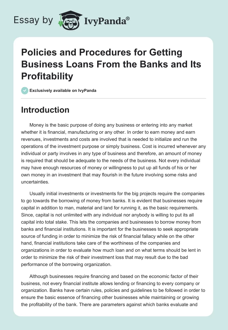 Policies and Procedures for Getting Business Loans From the Banks and Its Profitability. Page 1