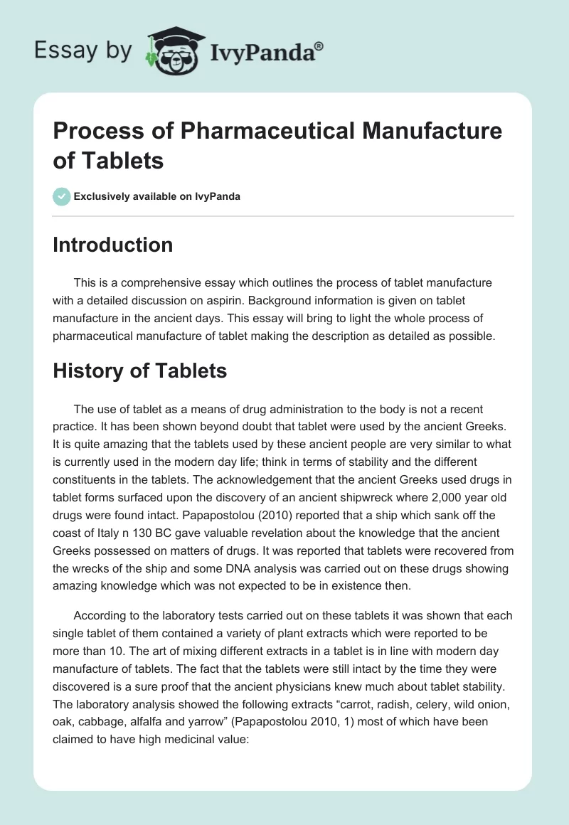 Process of Pharmaceutical Manufacture of Tablets. Page 1
